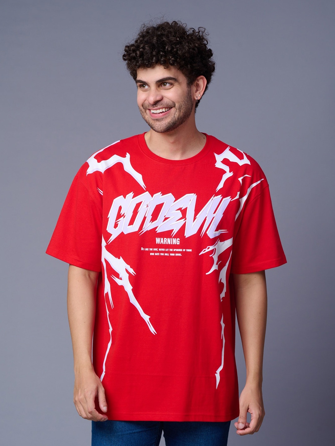 

GO DEVIL Men Typography Printed Drop-Shoulder Sleeves T-shirt, Red