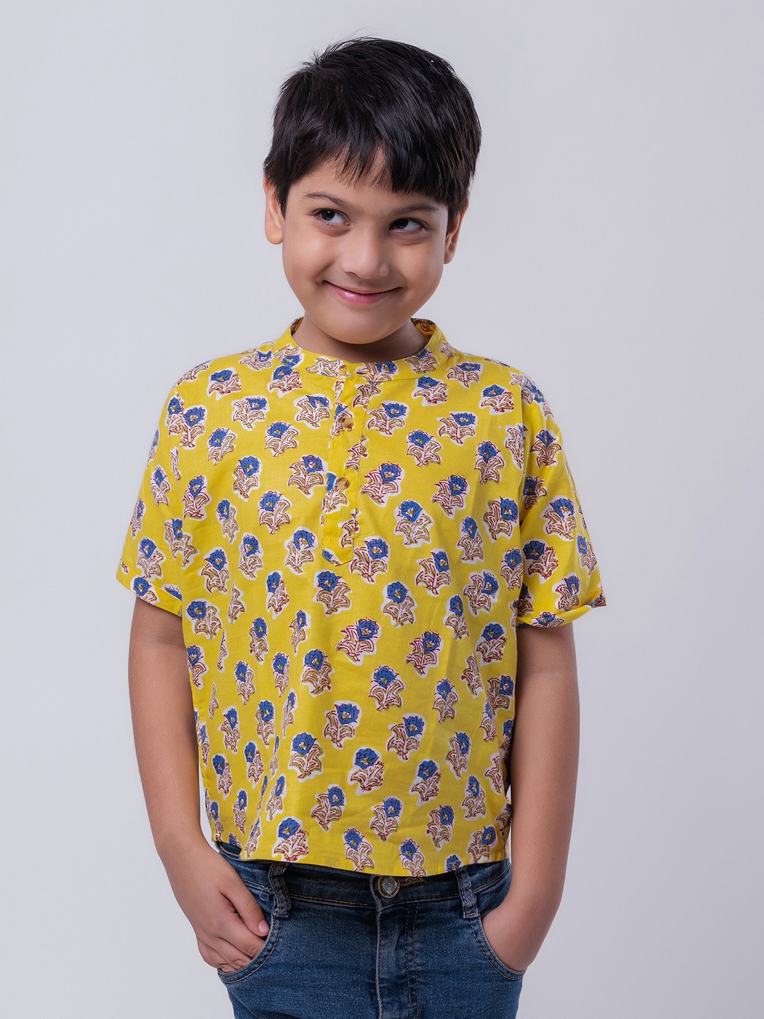 

MASU LIVING Boys Floral Printed Cotton Kurta Shirt, Yellow