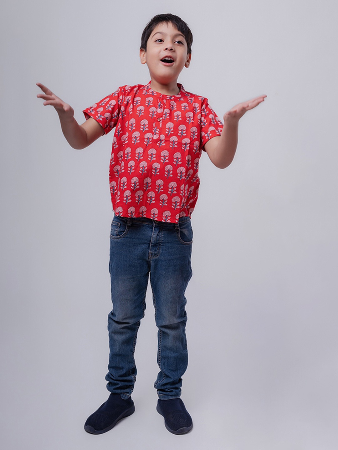 

MASU LIVING Boys Floral Printed Cotton Kurta Shirt, Red