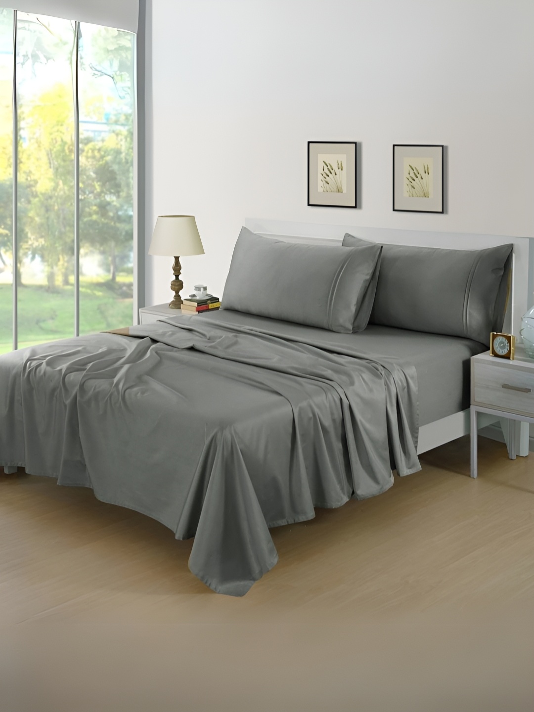 

Aurave Steel Grey Plain Cotton Satin 400 TC Fitted King Bedsheet Set 1.83m x 1.98m