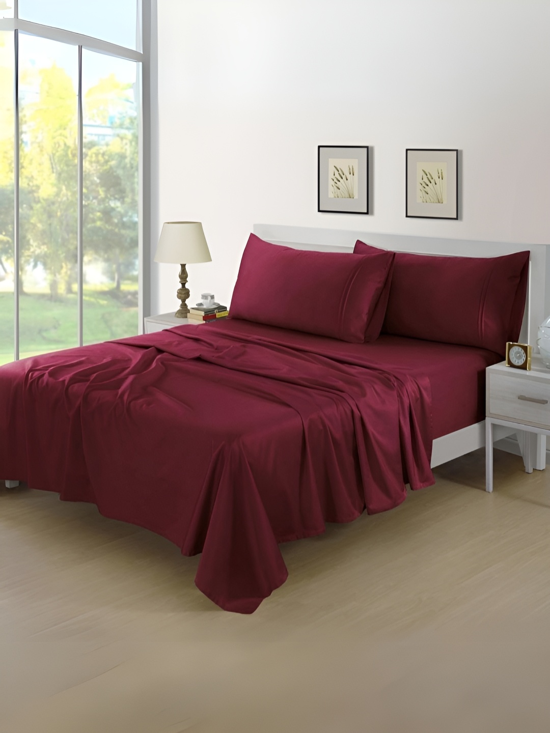 

Aurave Burgundy Plain Cotton Satin 400 TC Fitted King Bedsheet Set 1.83 m x 1.98 m