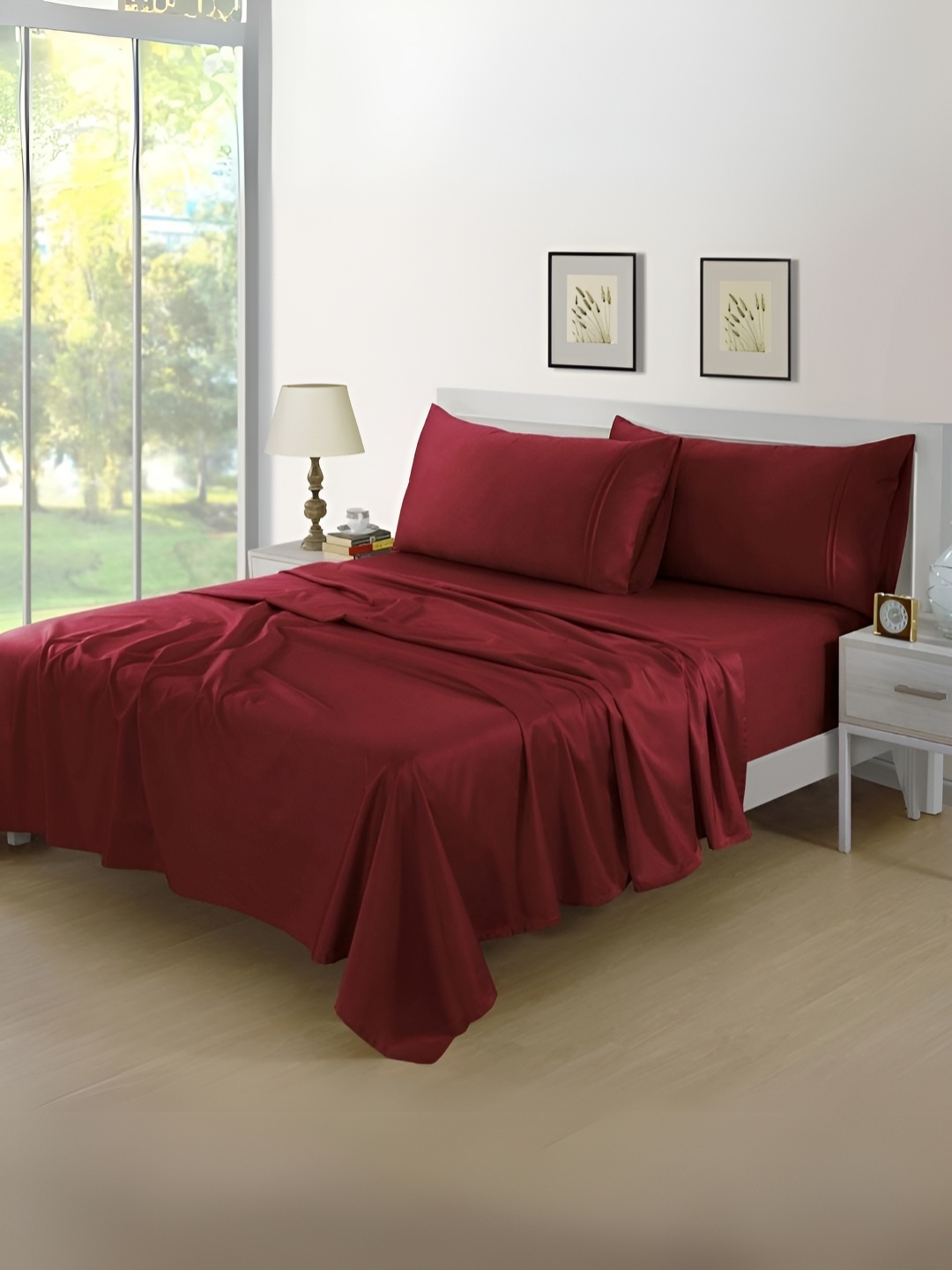 

Aurave Maroon Plain 400 TC Cotton Satin Flat Queen Bedsheet 2.28 m x 2.74 m