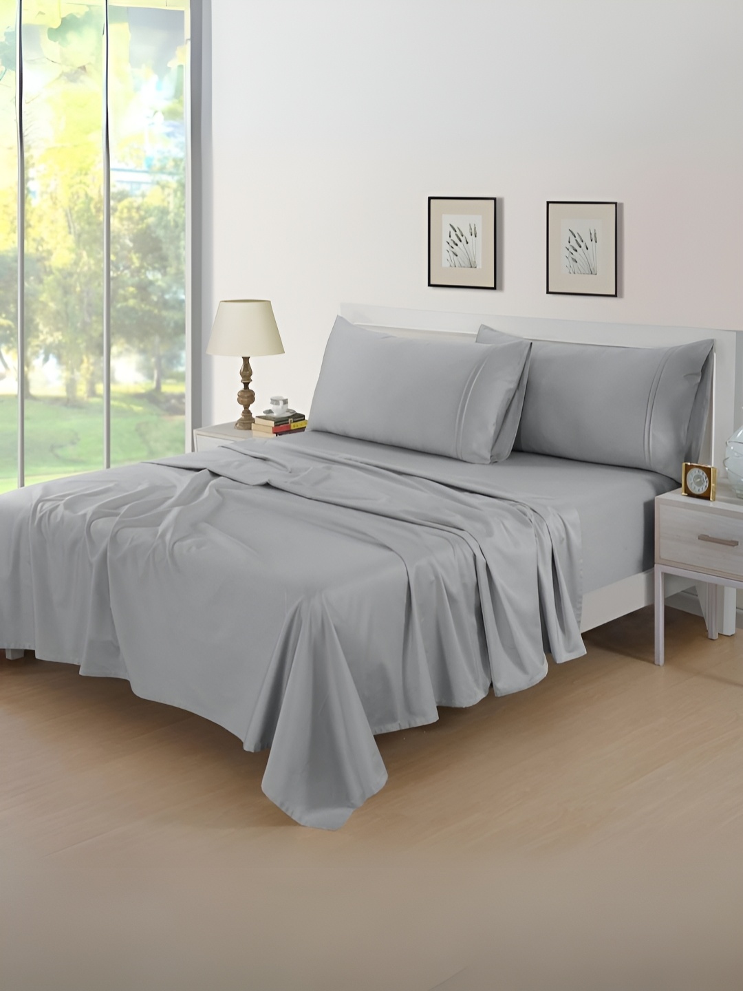 

Aurave Silver Toned Plain 400 TC Cotton Satin Flat King Queen Bedsheet 2.28m x 2.74m