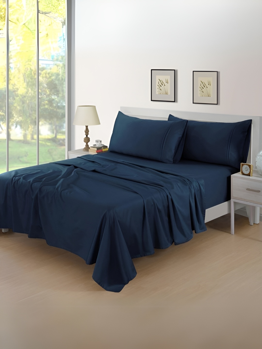 

Aurave Navy Blue Plain 400 TC Cotton Satin Flat Queen Bedsheet 2.28 m x 2.74 m