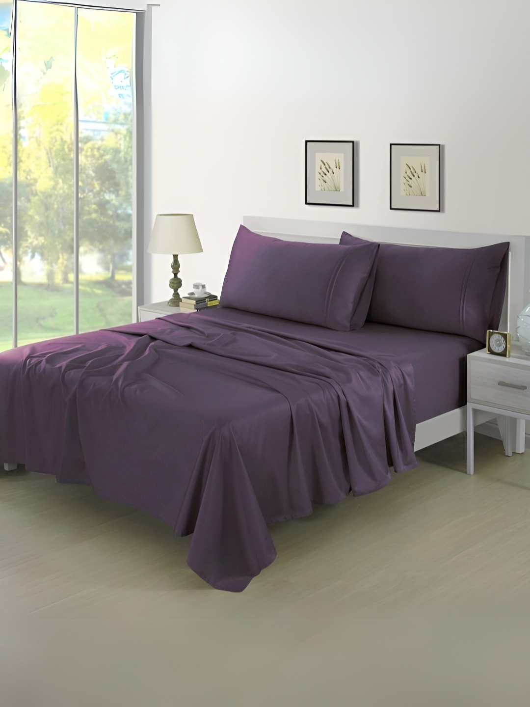 

Aurave Rossini Purple Cotton 400 TC King Bedsheet with 2 Pillow Covers