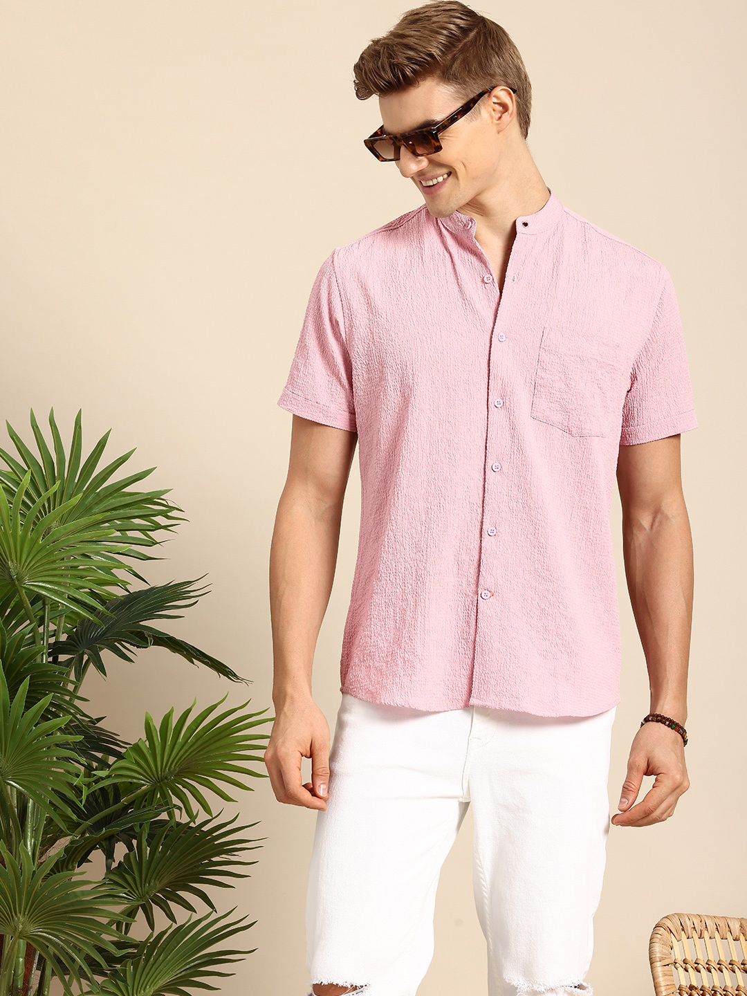 

Mast & Harbour Men Slim Fit Mandarin Collar Seersucker Casual Shirt, Pink