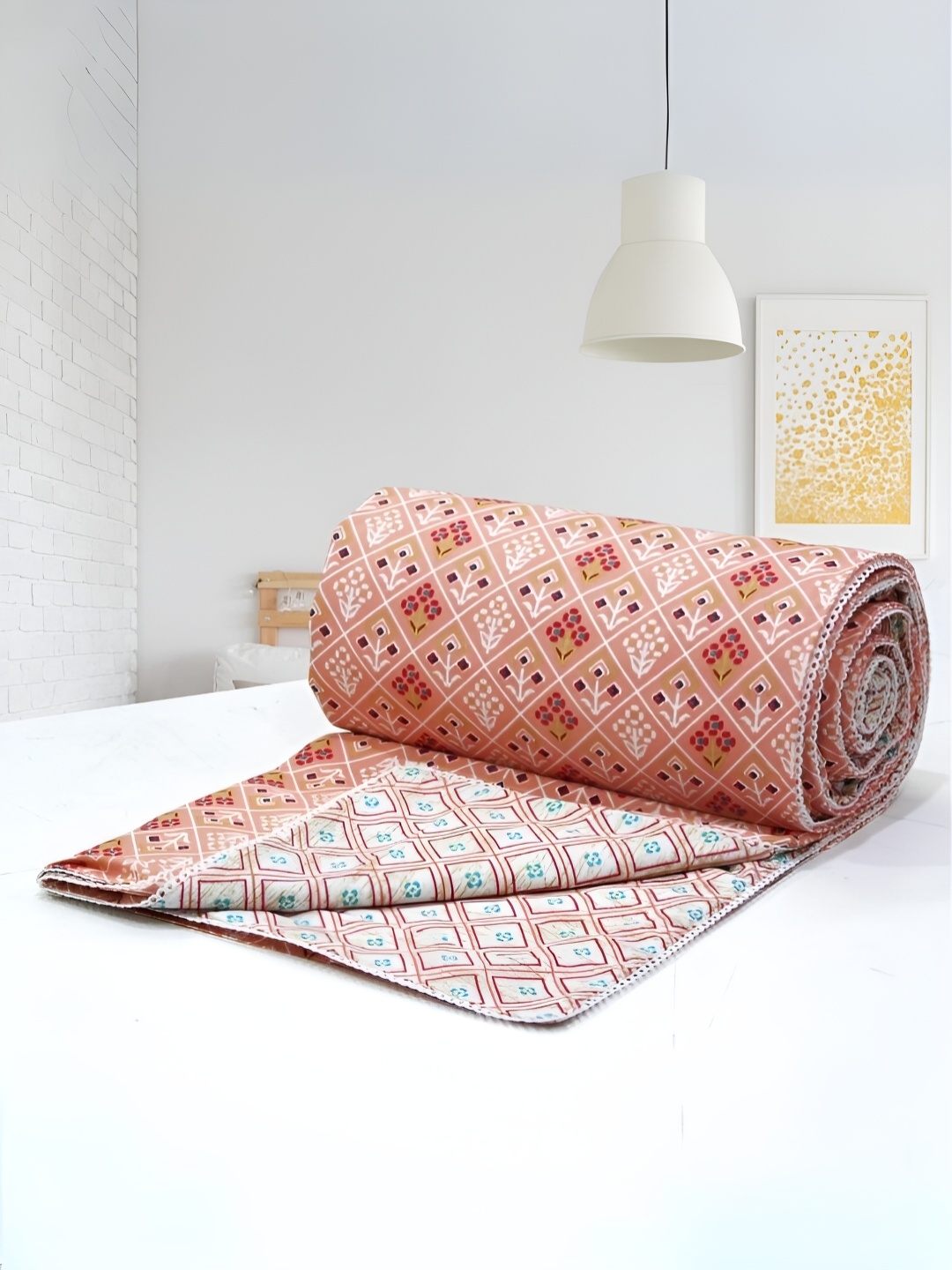 

Aurave Peach-Coloured & White Geometric AC Room 150 GSM Double Bed Dohar