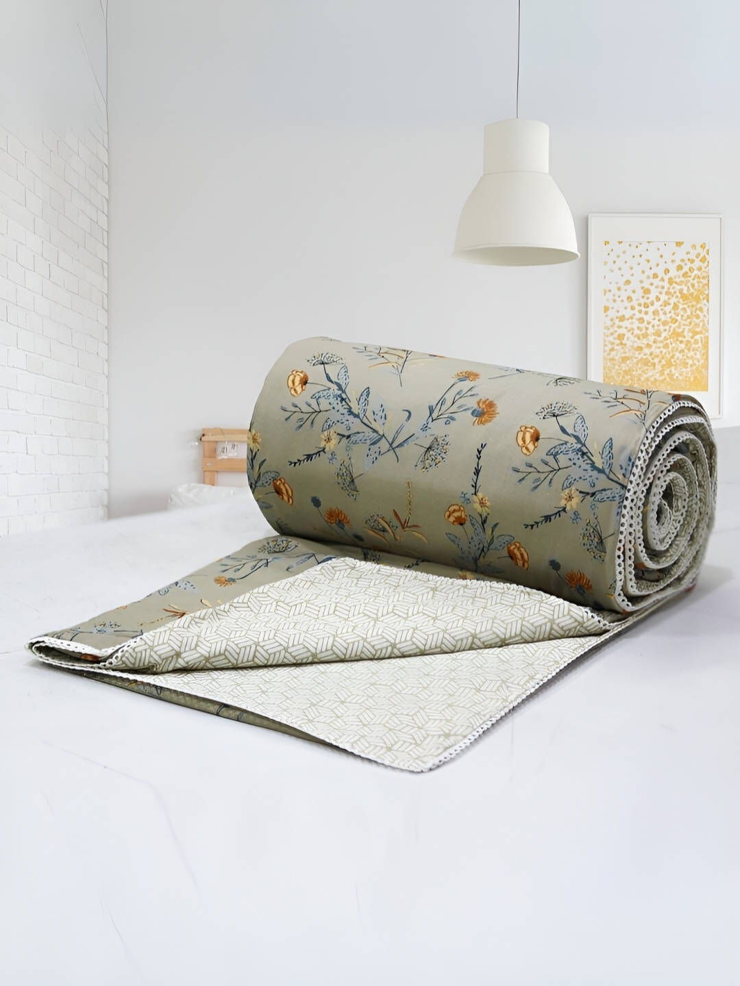 

Aurave Iris Designer Olive Green Floral Reversible Cotton AC Room 150 GSM Single Bed Dohar