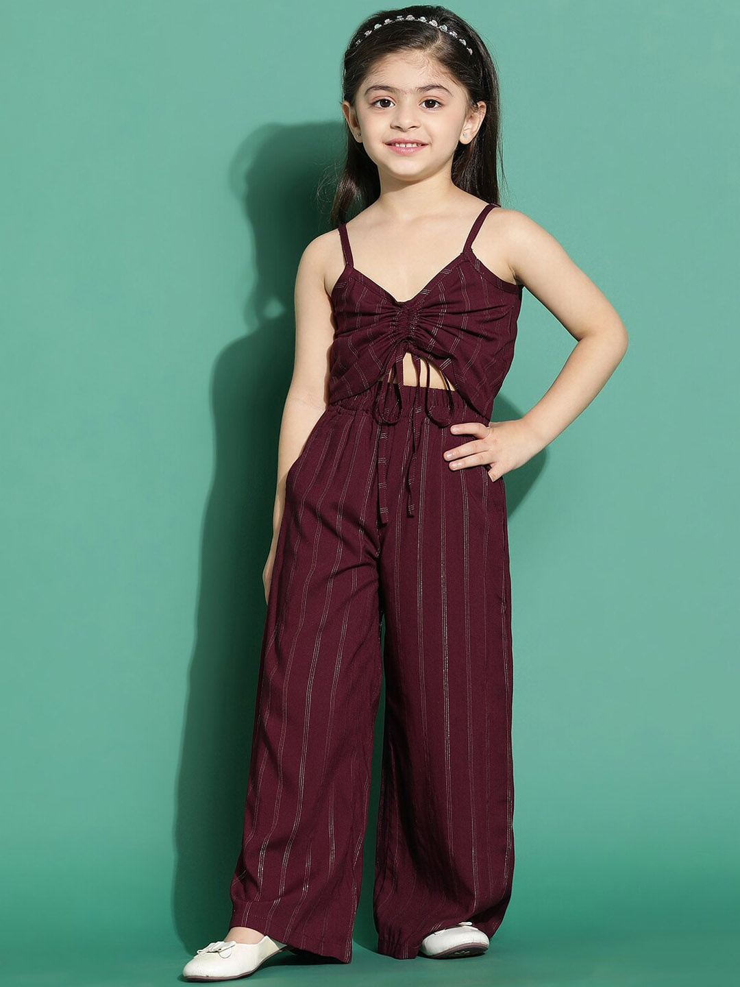 

TALES & STORIES Girls Striped Top With Palazzo, Maroon