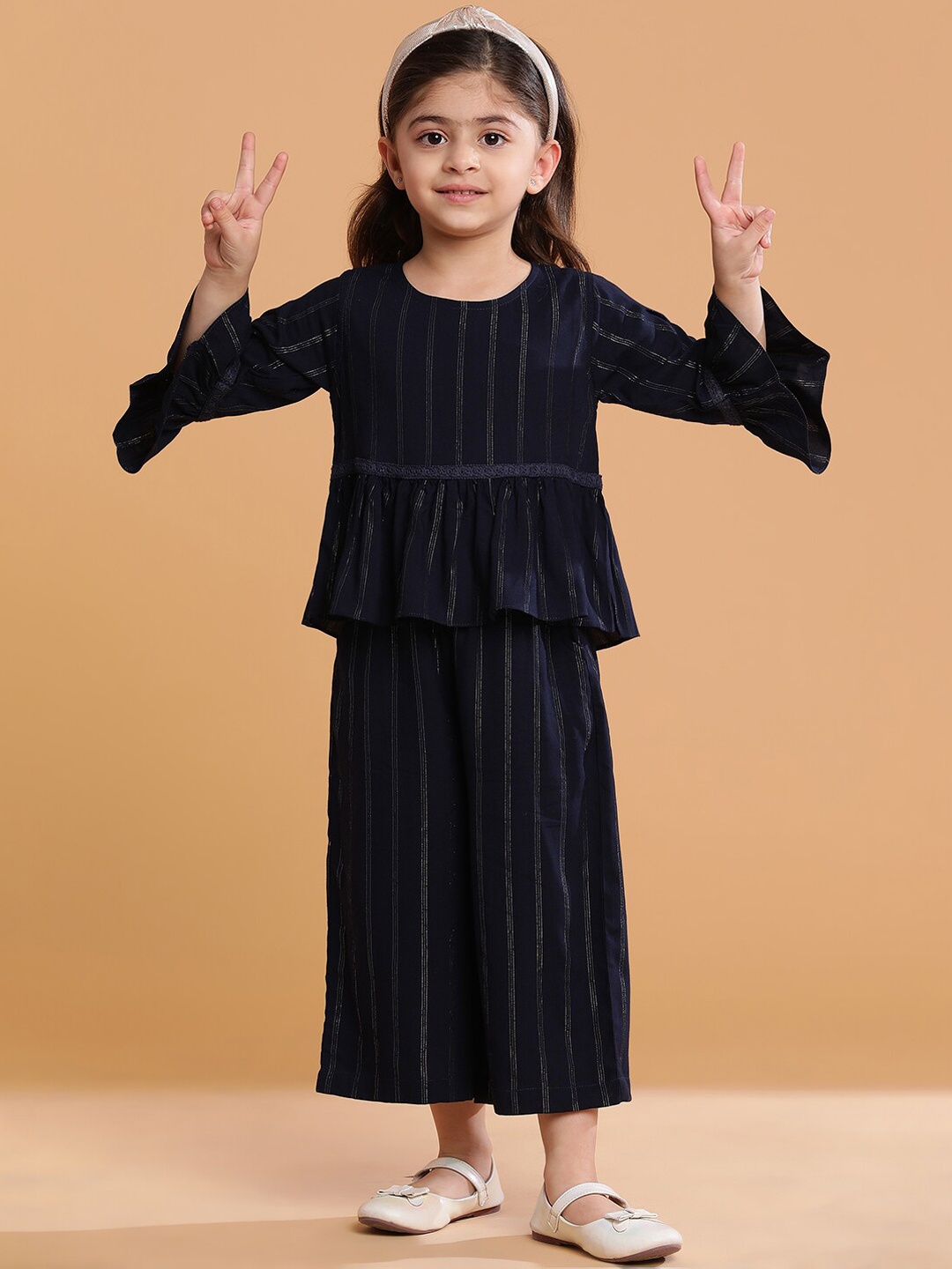 

TALES & STORIES Kids Striped Bell Sleeves Top & Trouser, Navy blue