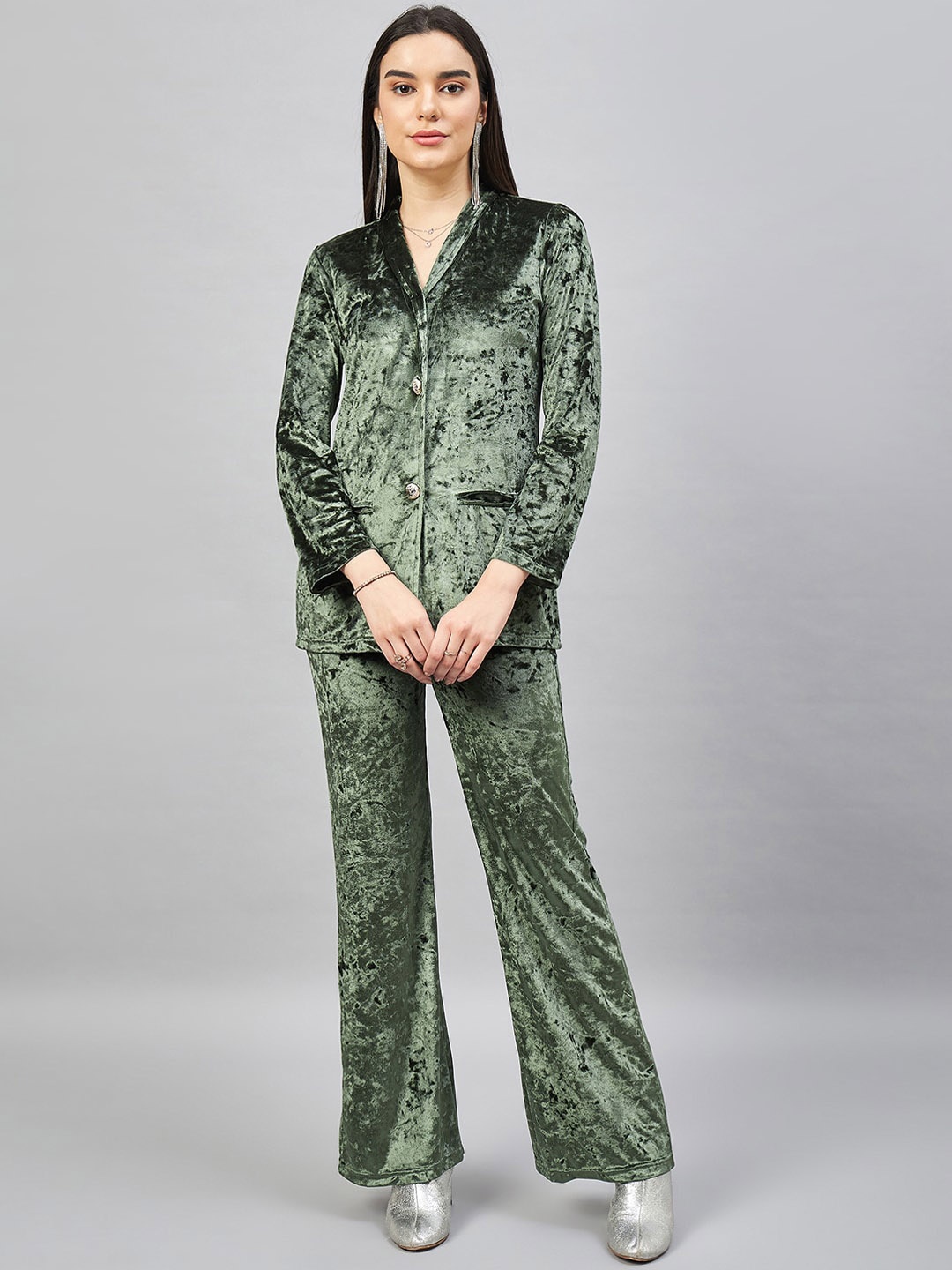 

Orchid Blues Velvet Shawl collar Blazer With Flared Trousers Co-Ords, Olive