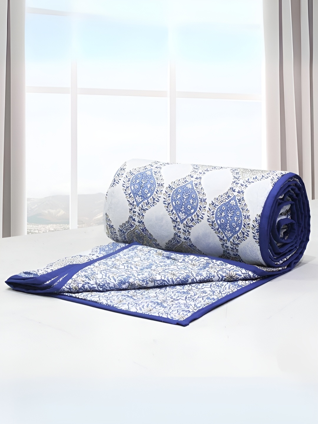 

Aurave Riva Blue & White Ethnic Motifs Cotton AC Room 150 GSM Double Bed Dohar