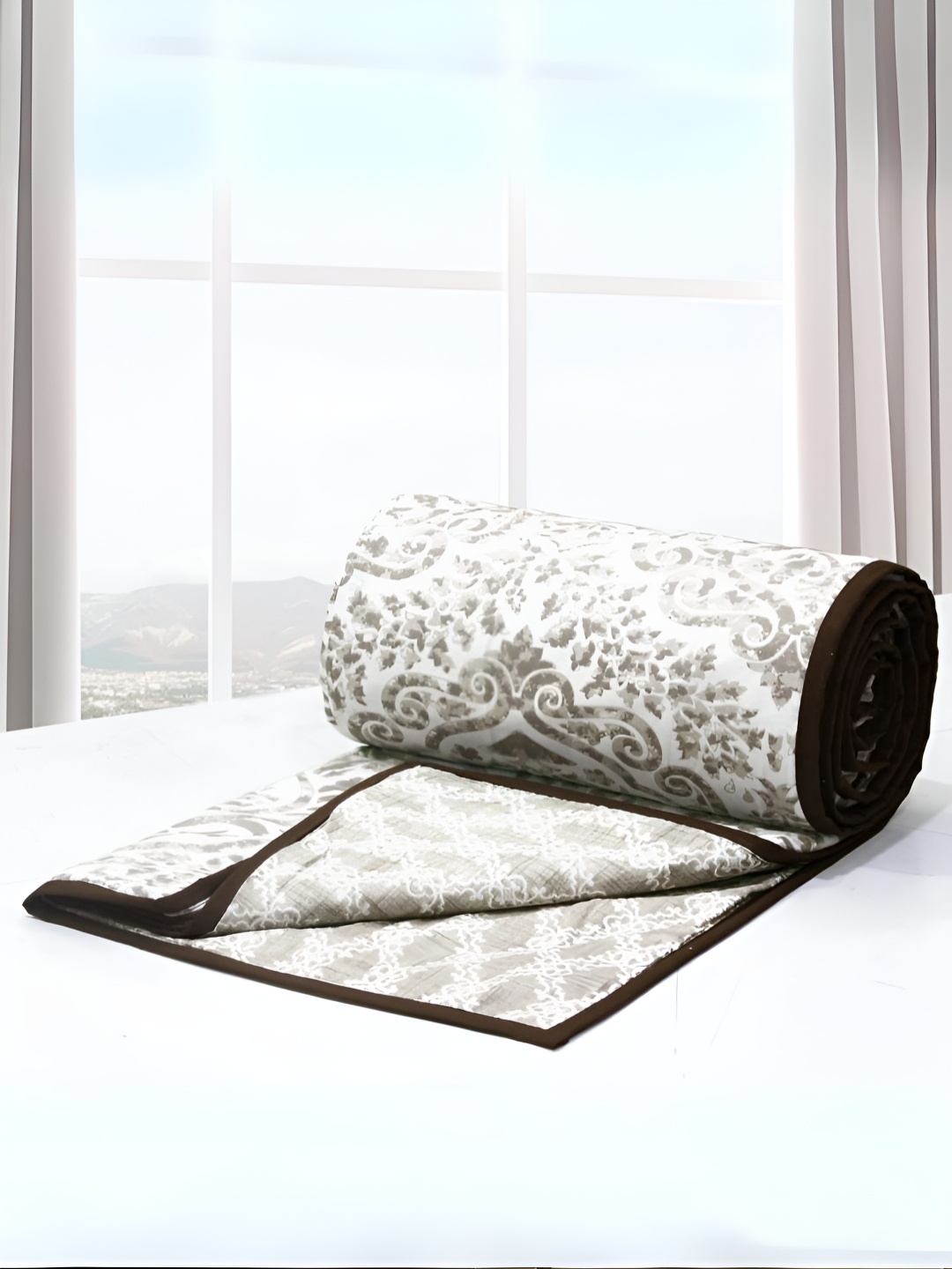 

Aurave Coffee Brown & White Floral Cotton AC Room 150 GSM Double Bed Dohar