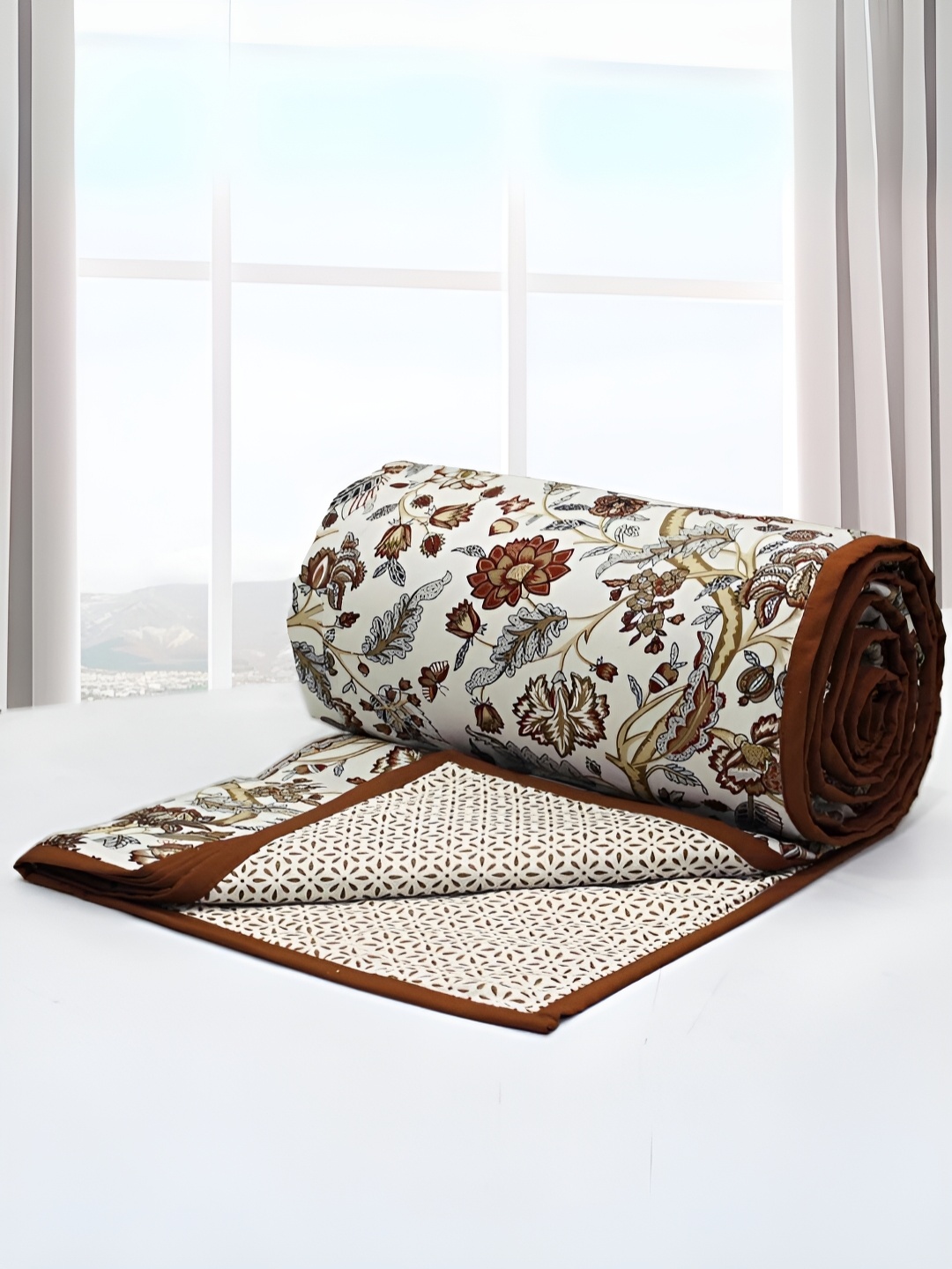 

Aurave Riva Brown & Off White Floral Cotton AC Room 150 GSM Single Bed Dohar