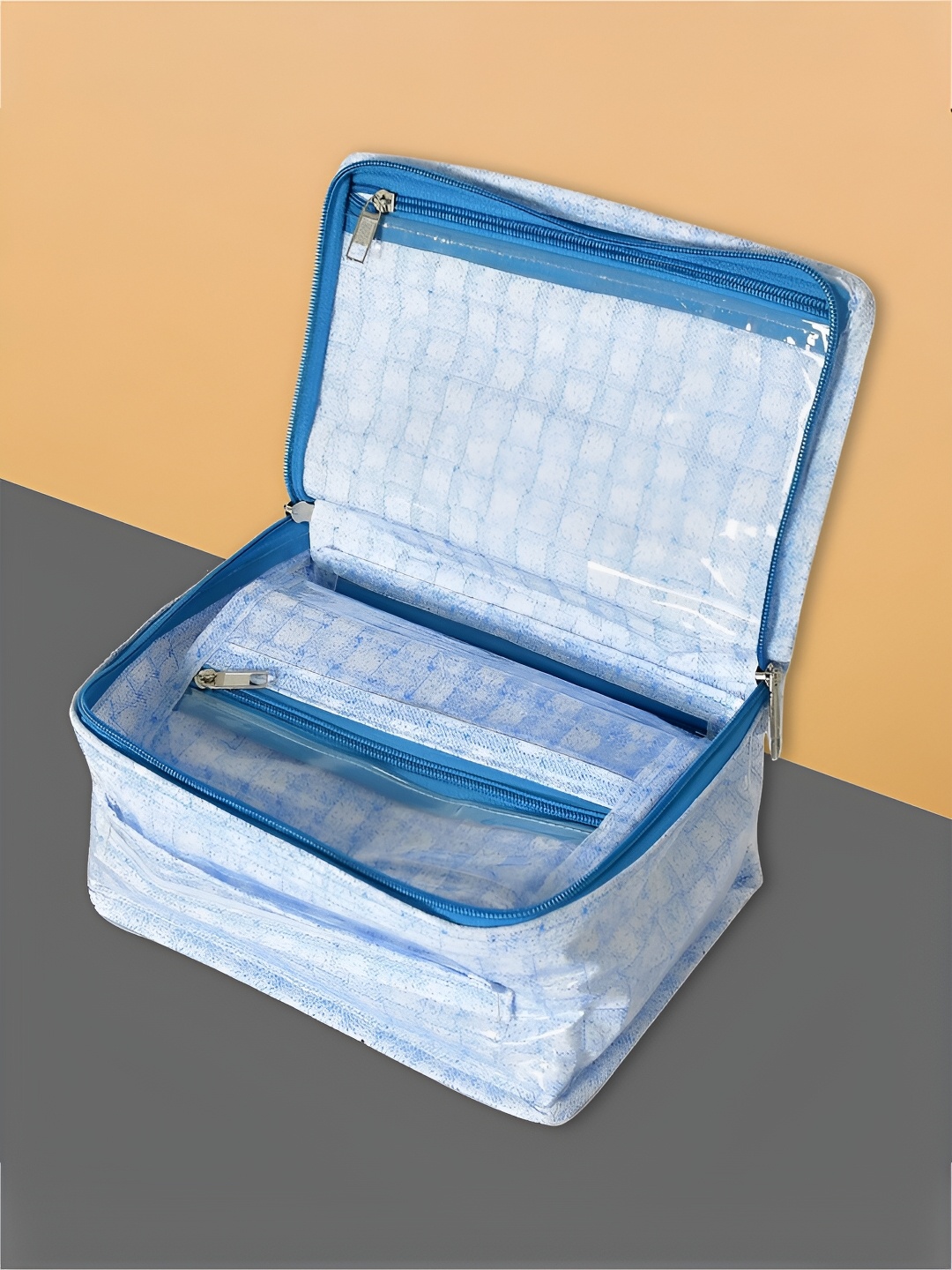 

Kuber Industries Blue Checked Printed Jewellery Organiser With 8 Transparent Pouch