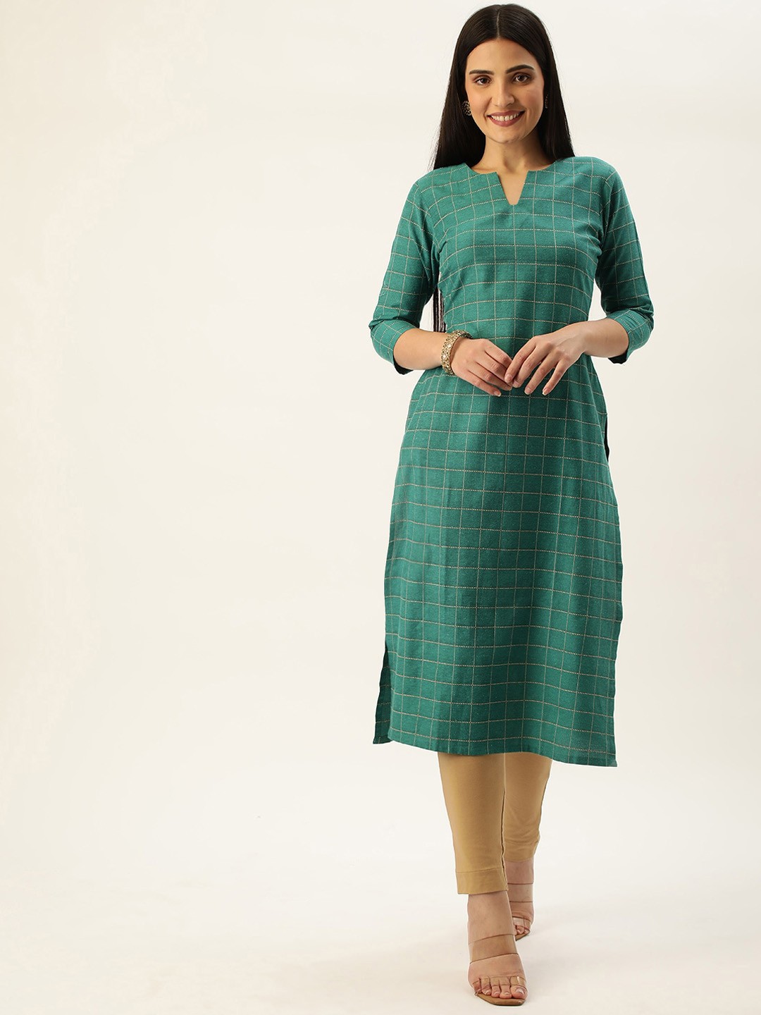 

KALINI Checked Straight Kurta, Blue