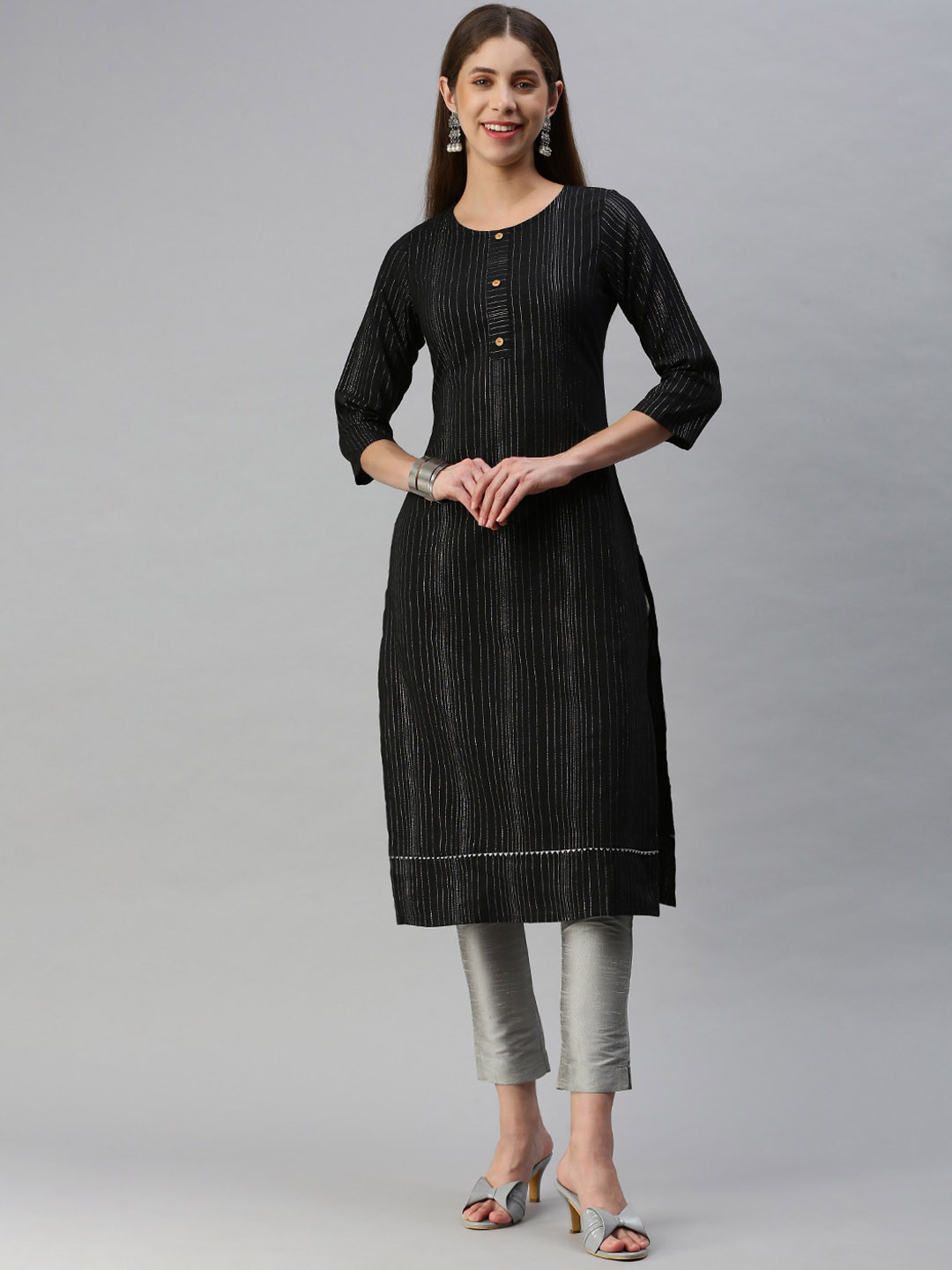 

KALINI Striped Straight Kurta, Black