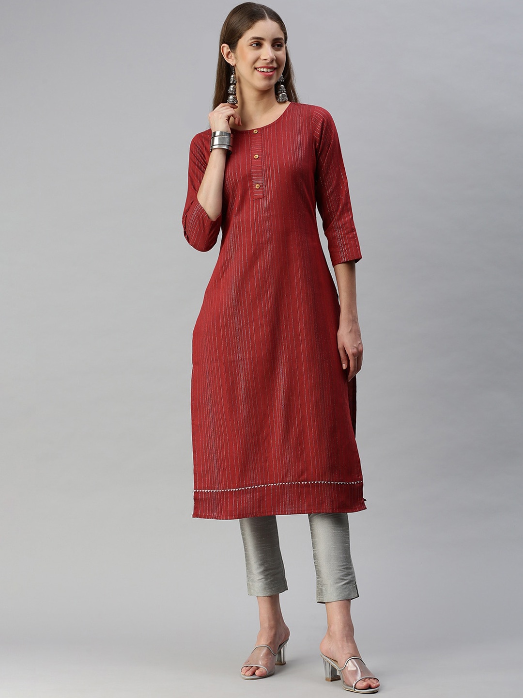 

KALINI Women Keyhole Neck Flared Sleeves Kurta, Maroon
