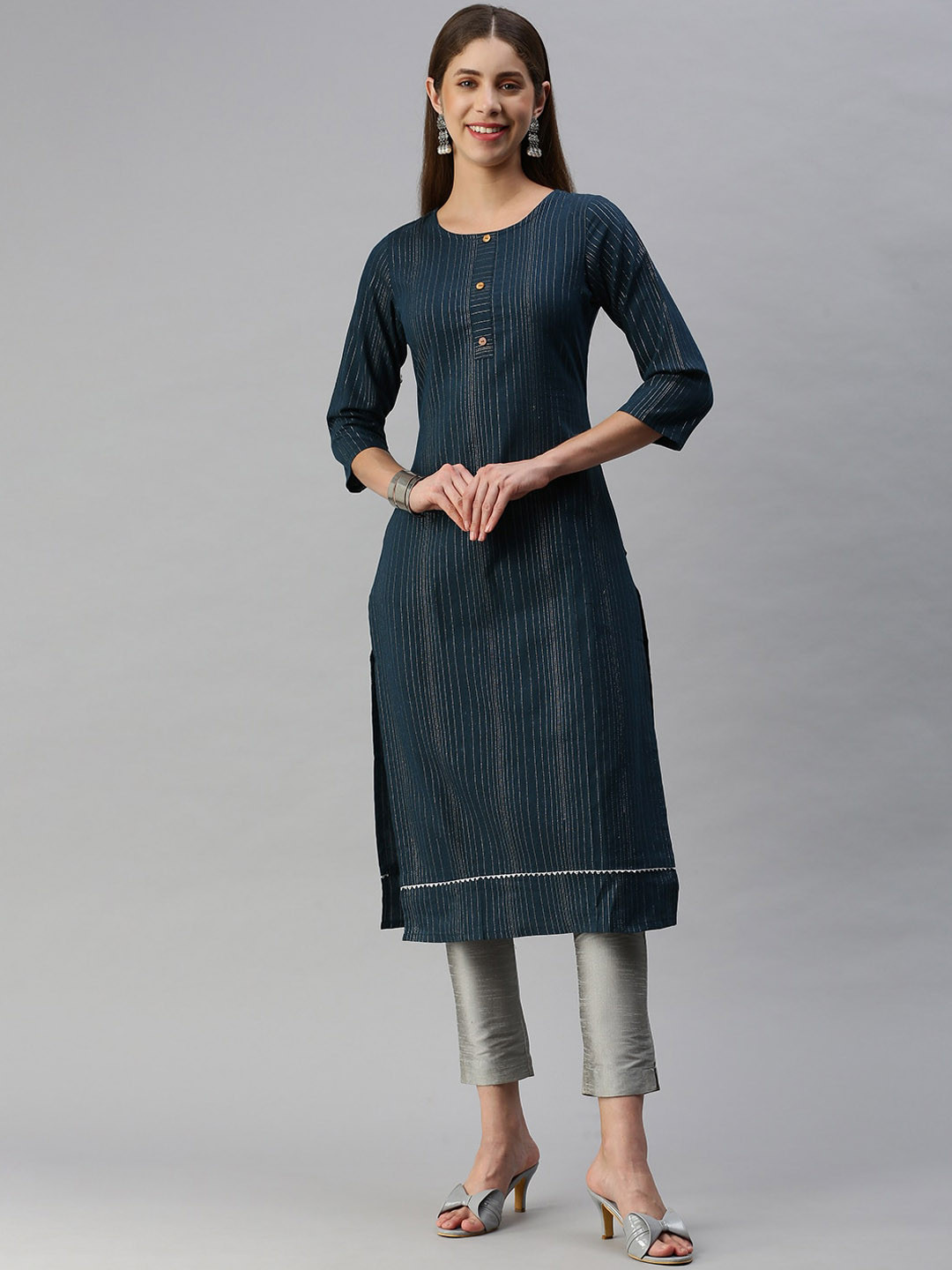 

KALINI Striped Woven Design Straight Kurta, Turquoise blue