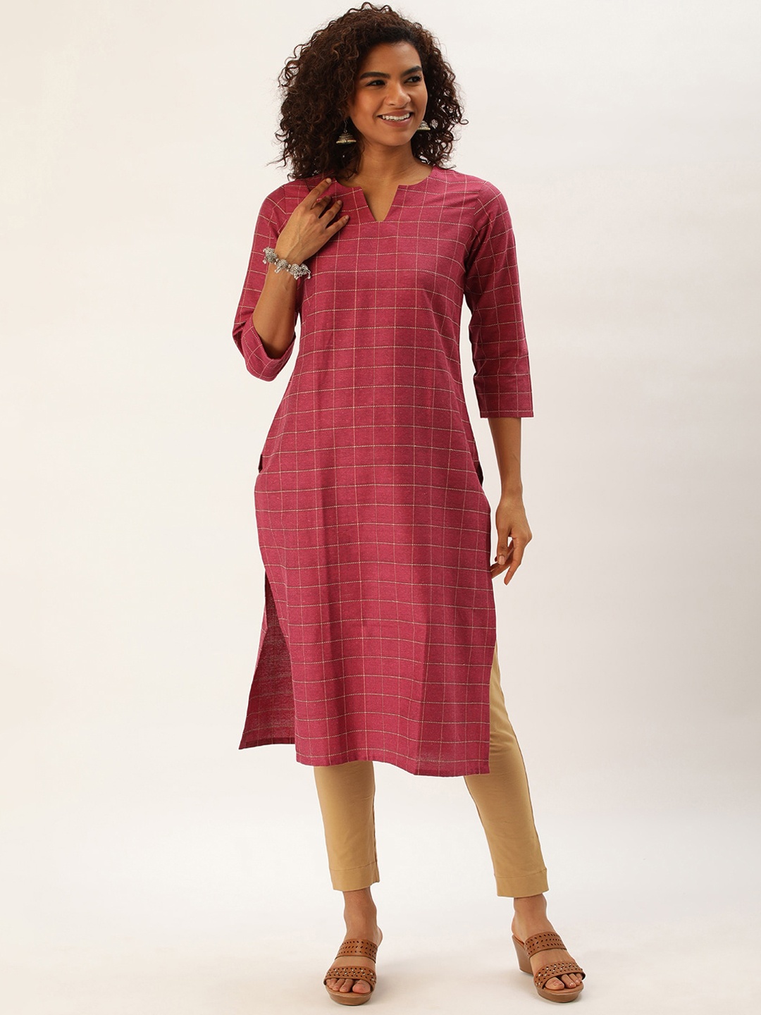 

KALINI Checked Straight Kurta, Red