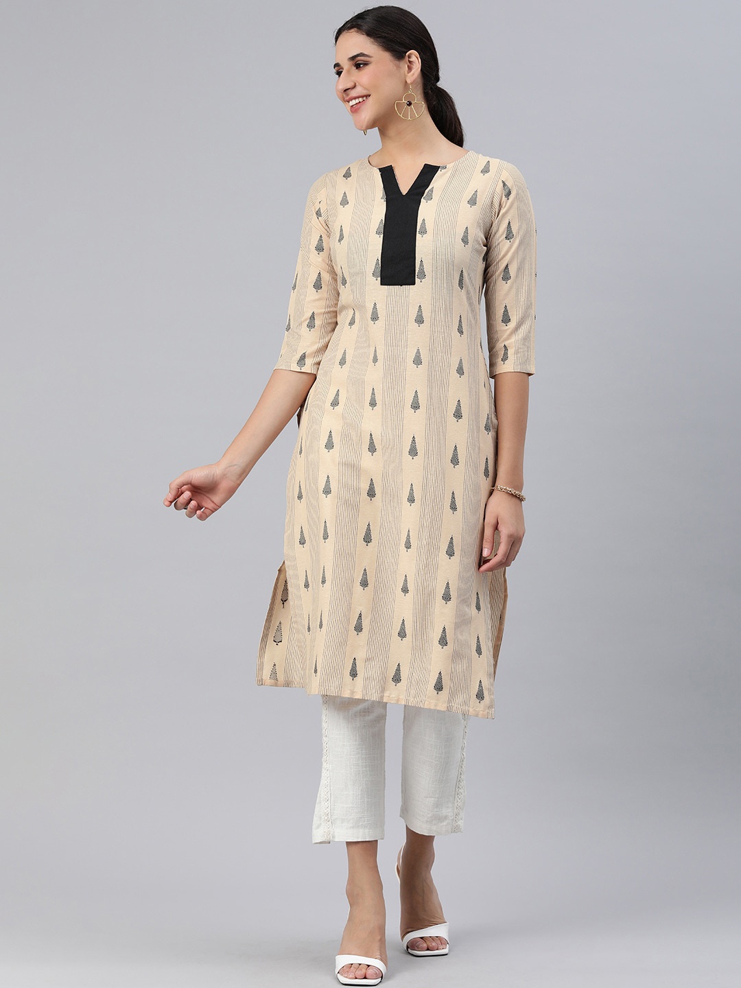 

KALINI Geometric Striped Cotton Straight Kurta, Beige