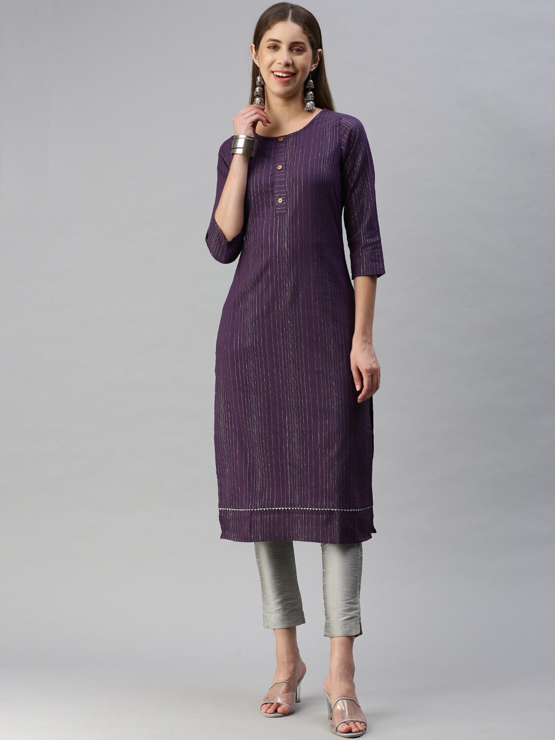 

KALINI Striped Three-Quarter Sleeves Gotta Patti Straight Kurta, Purple