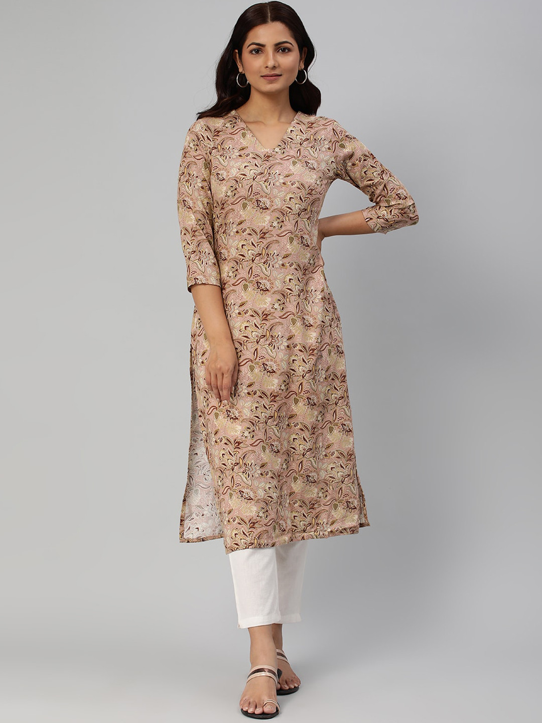 

KALINI Floral Printed V-Neck Straight Kurta, Beige