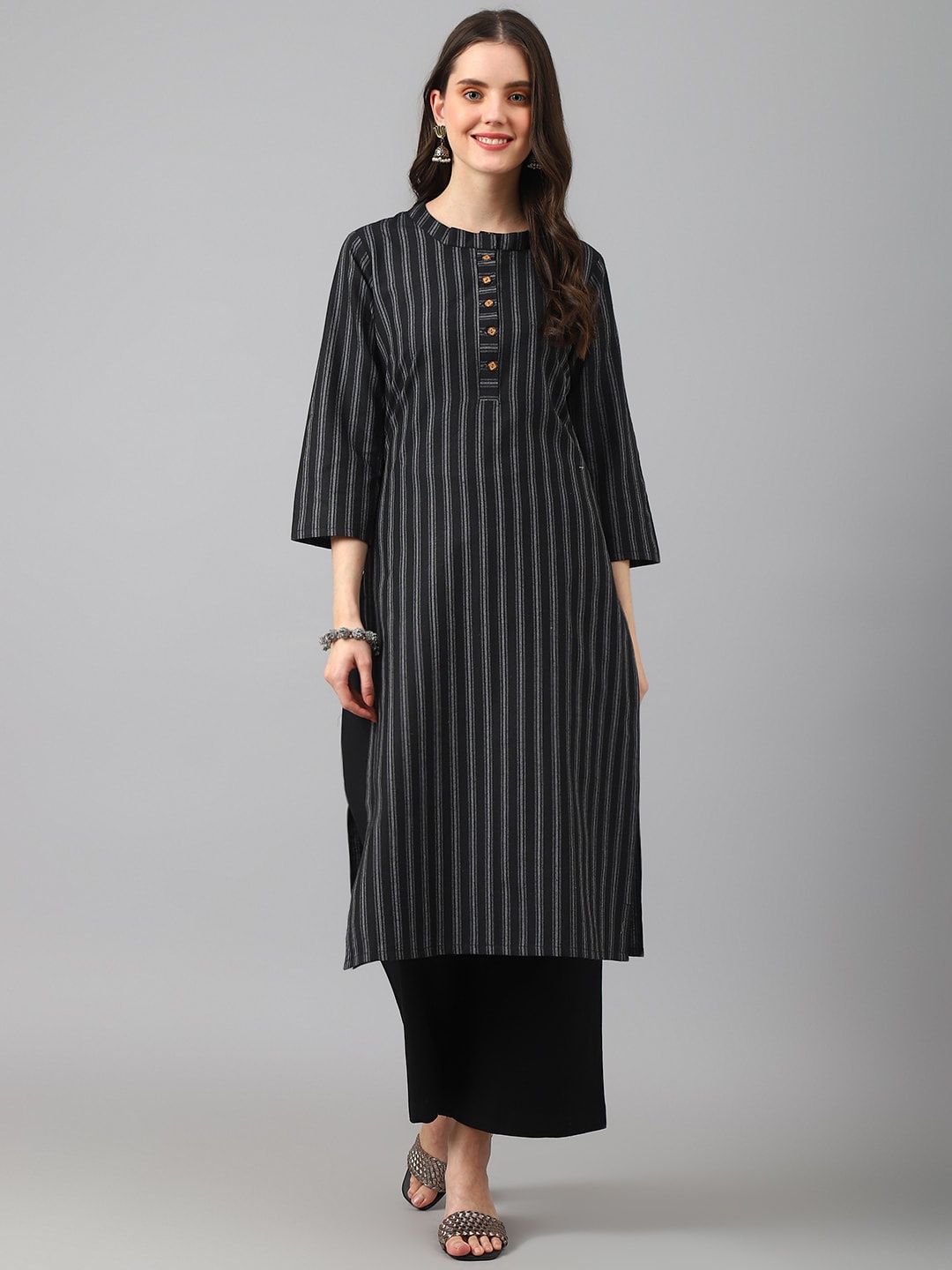 

KALINI Women Striped Flared Sleeves Thread Work Indigo Kurta, Black