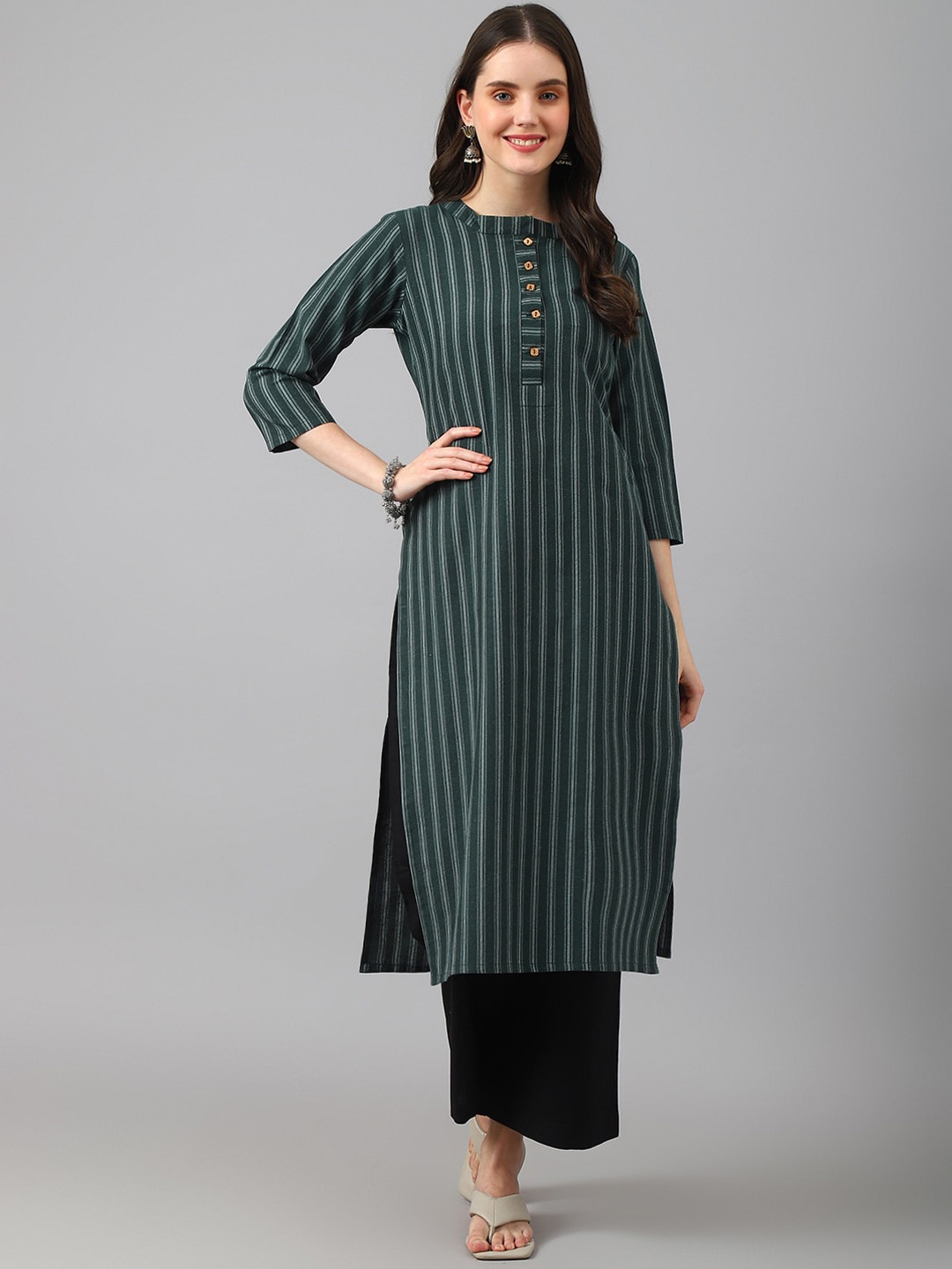 

KALINI Striped Band Collar Straight Kurta, Green