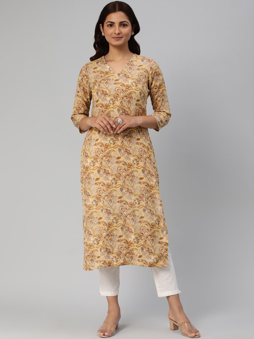 

KALINI Floral Printed V-Neck Three-Quarter Sleeves Straight Kurta, Beige