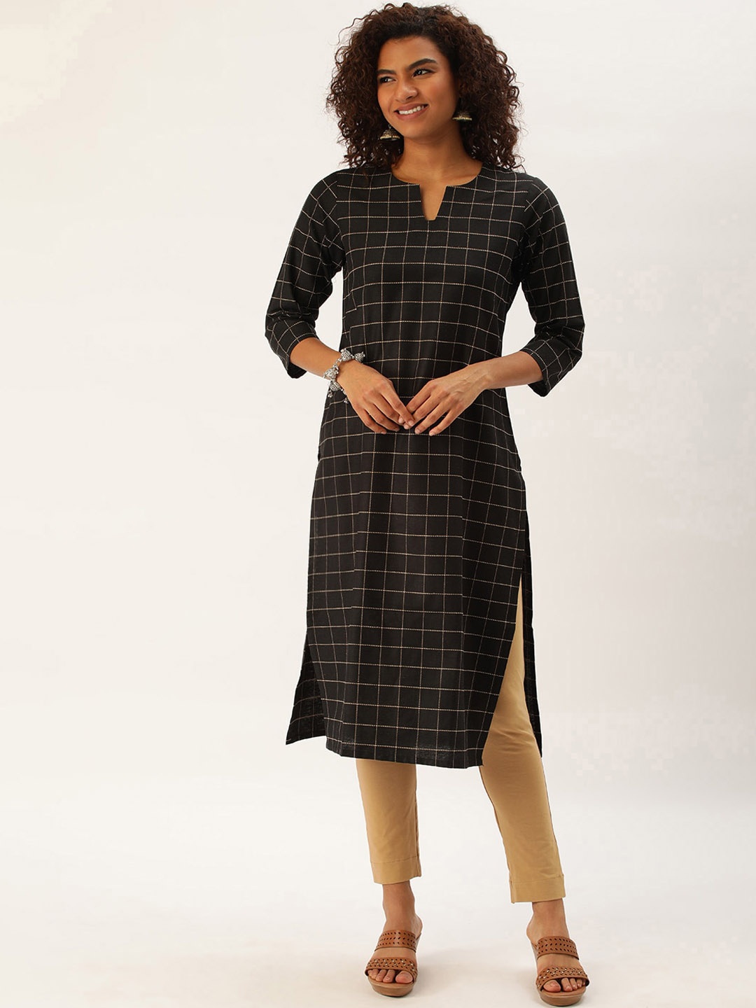 

KALINI Women Checked Keyhole Neck Thread Work Kurta, Black