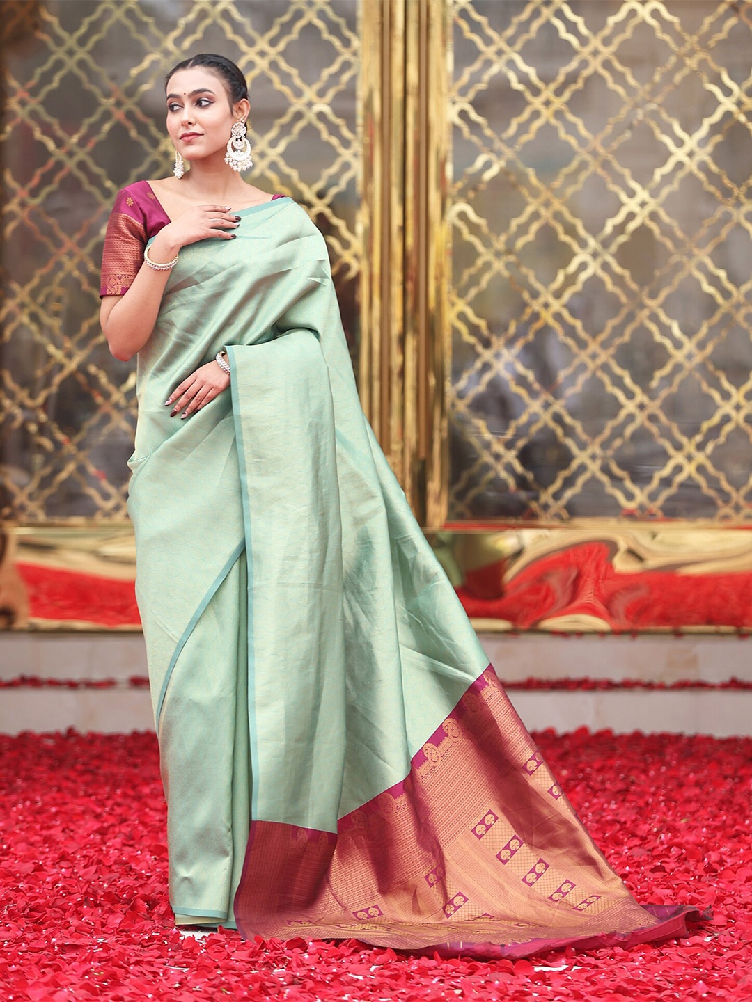 

Om Shantam Sarees Zari Woven Design Kanjeevaram Saree, Sea green