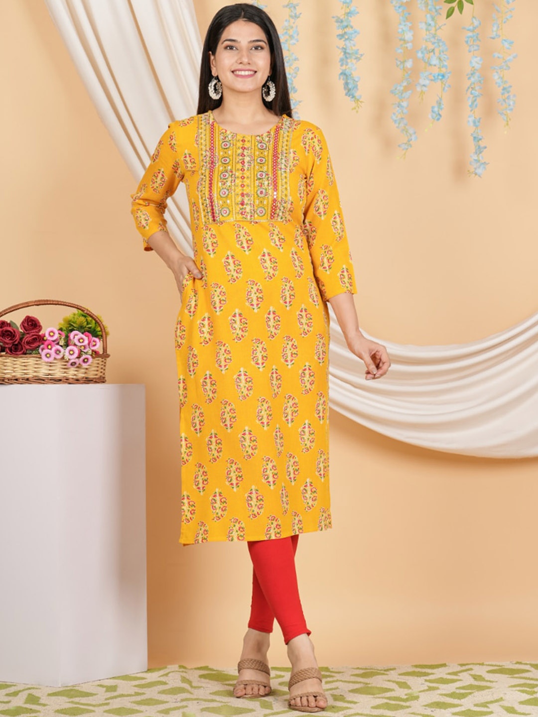 KALINI Floral Printed Mirror Work Straight Kurta, Yellow
