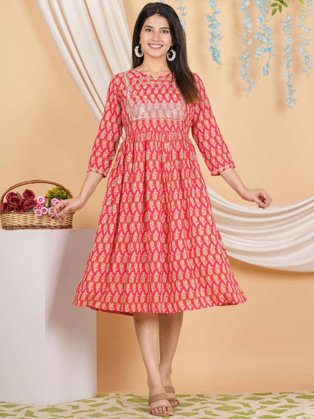 

KALINI Floral Printed Fit & Flare Midi Ethnic Dress, Red