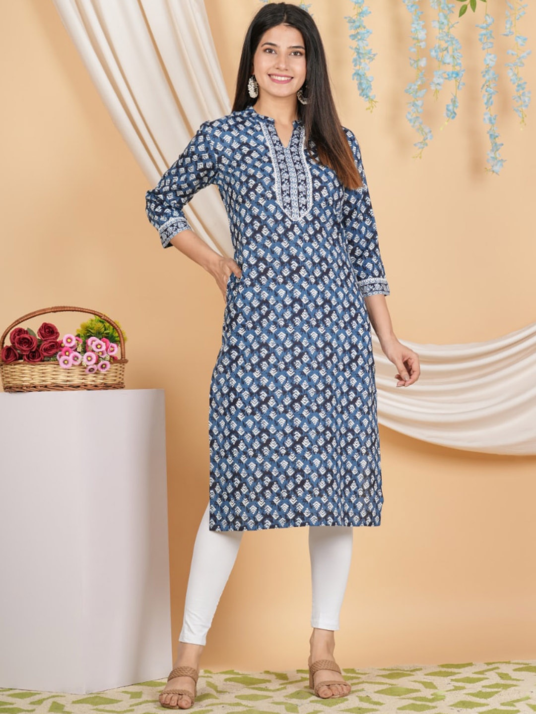 KALINI Women Floral Printed Flared Sleeves Thread Work Floral Kurta, Blue