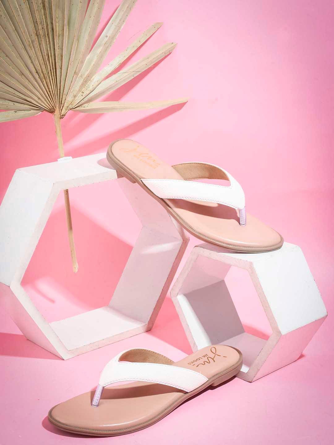 

JM Looks Textured Open Toe T-Strap Flats, White
