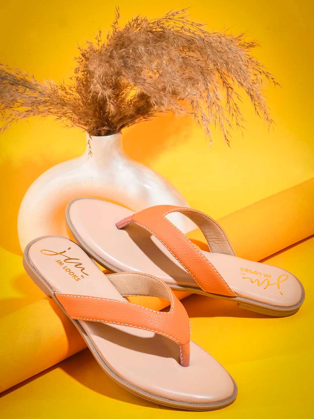 

JM Looks Textured Open Toe T-Strap Flats, Orange