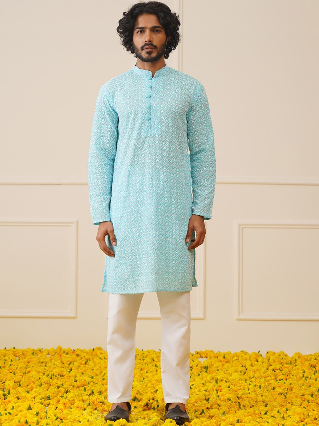 

Jompers Floral Embroidered Regular Chikankari Pure Cotton Kurta with Trouser, Turquoise blue