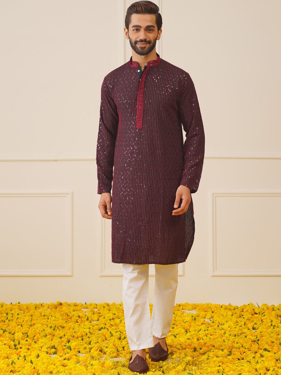 

Jompers Chikankari Embroidered Regular Sequinned Kurta with Pyjama, Maroon