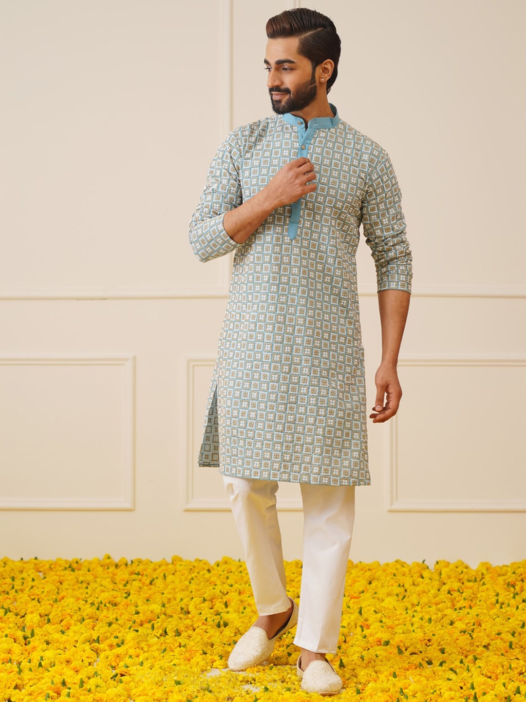 

Jompers Embroidered Regular Pure Cotton Kurta with Pyjamas, Blue