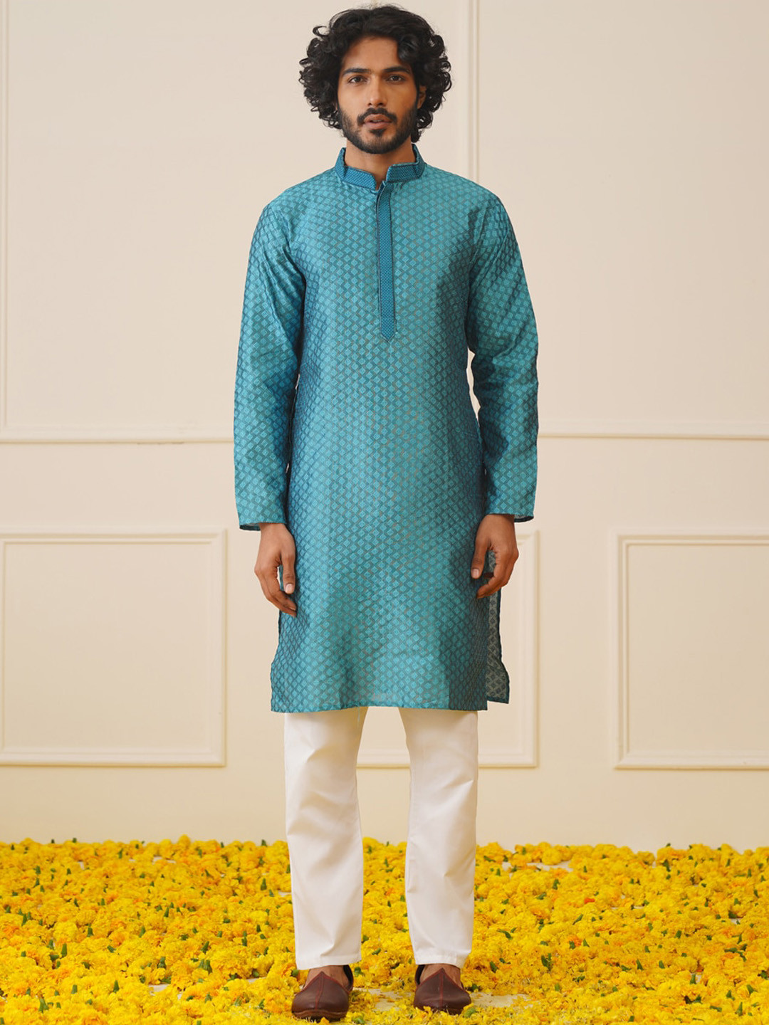 

Jompers Ethnic Motifs Woven Design Regular Thread Work Kurta with Trouser, Blue