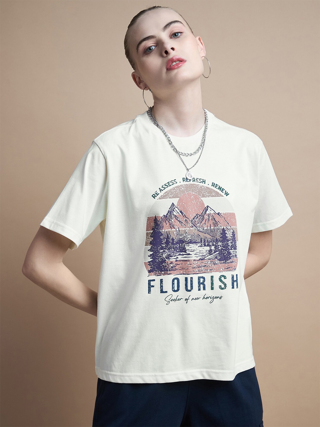 

The Roadster Lifestyle Co round Neck Graphic Printed Oversized Fit Tshirt, Cream