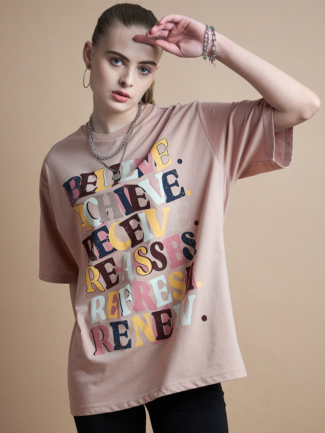 

The Roadster Lifestyle Co Peach Coloured & Black Graphic Printed Oversized Fit Tshirt