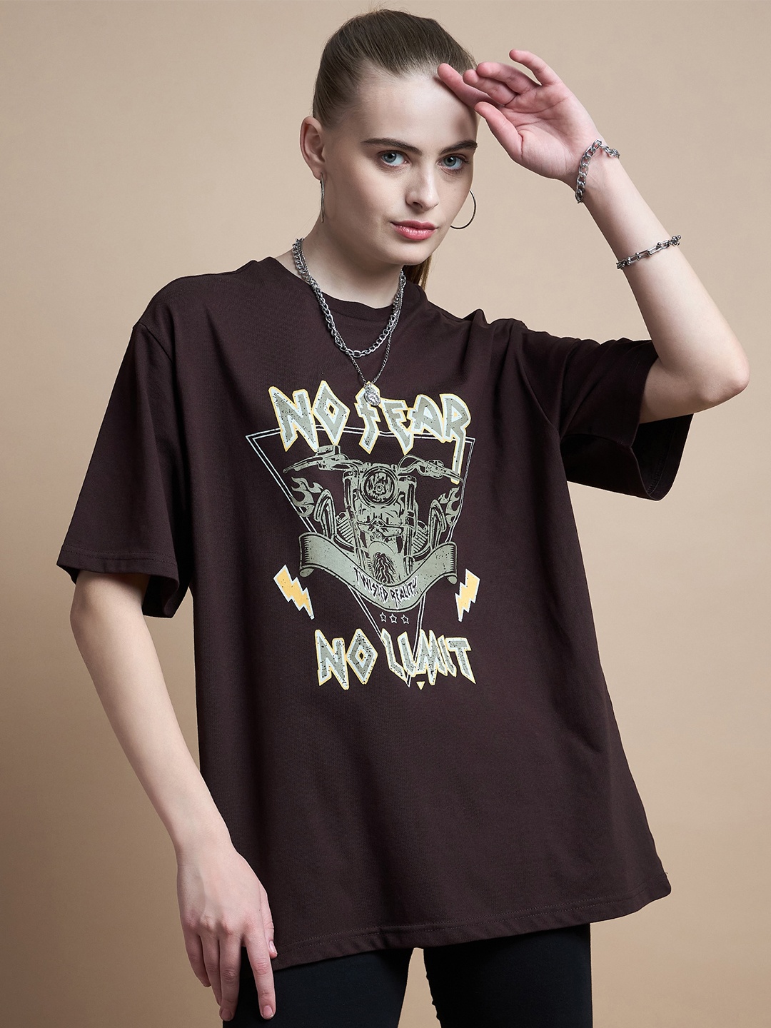 

The Roadster Lifestyle Co Round Neck Graphic Printed Oversized Fit Cotton Tshirt, Brown