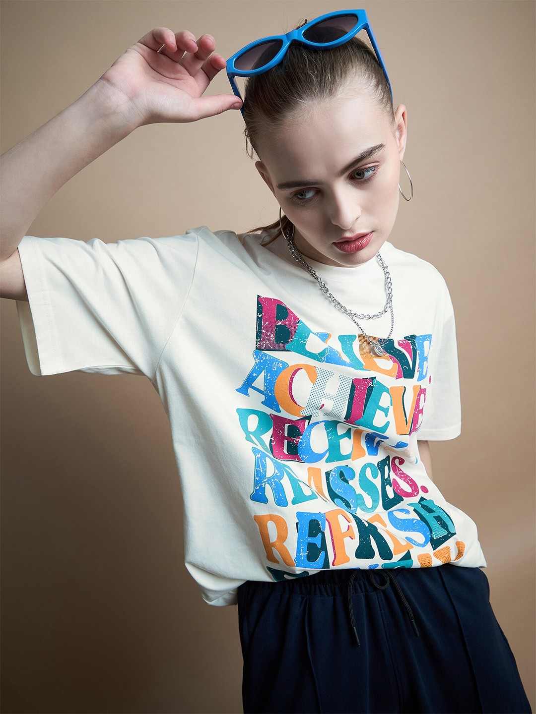 

The Roadster Lifestyle Co Round Neck Graphic Printed Oversized Fit Cotton Tshirt, Cream
