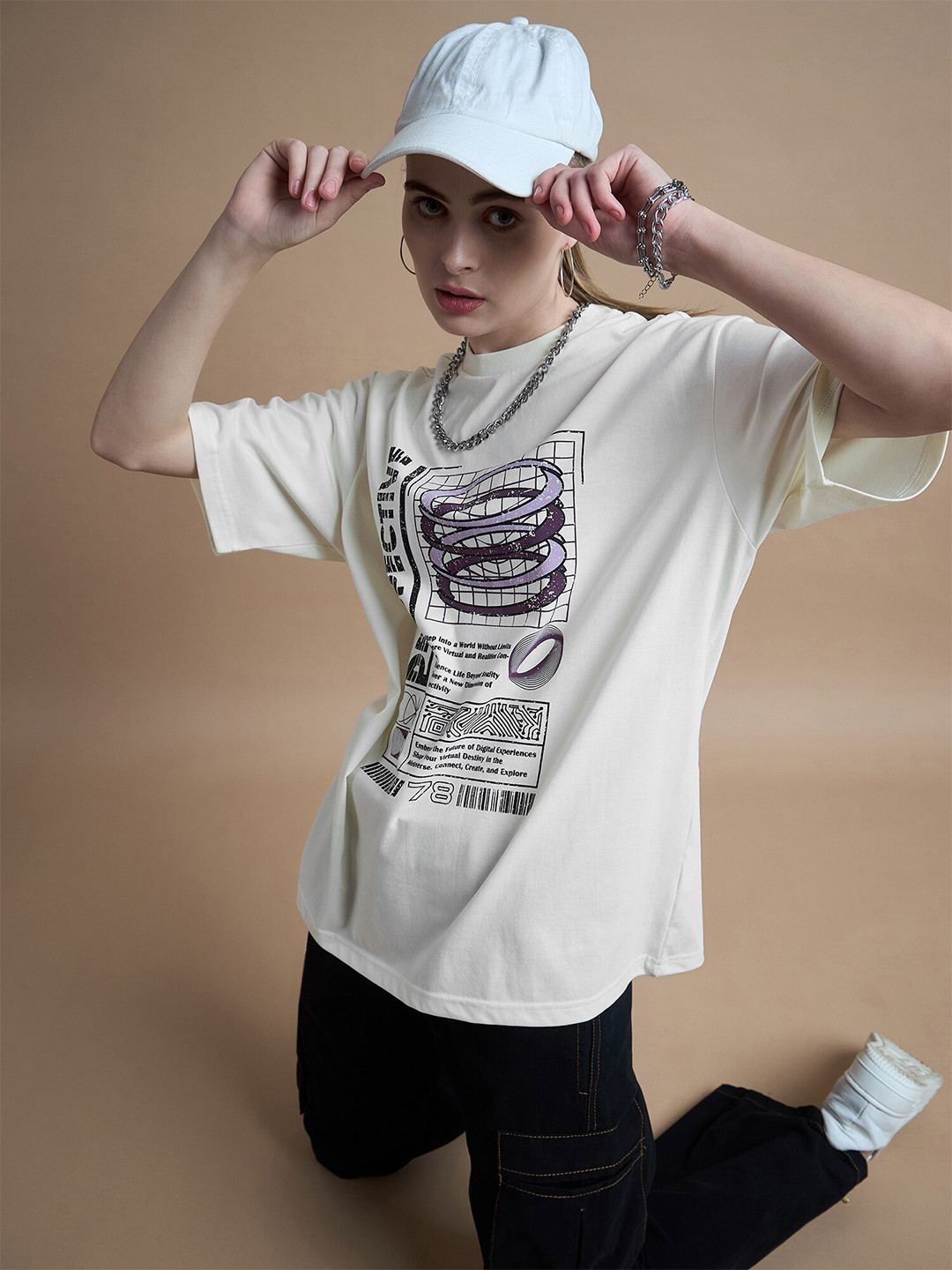 

The Roadster Lifestyle Co Round Neck Graphic Printed Oversized Fit Cotton Tshirt, Cream