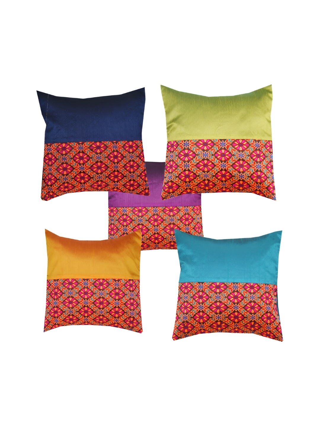 

Pink Parrot Blue & Mustard 5 Pcs Ethnic Motifs Square Cushion Covers