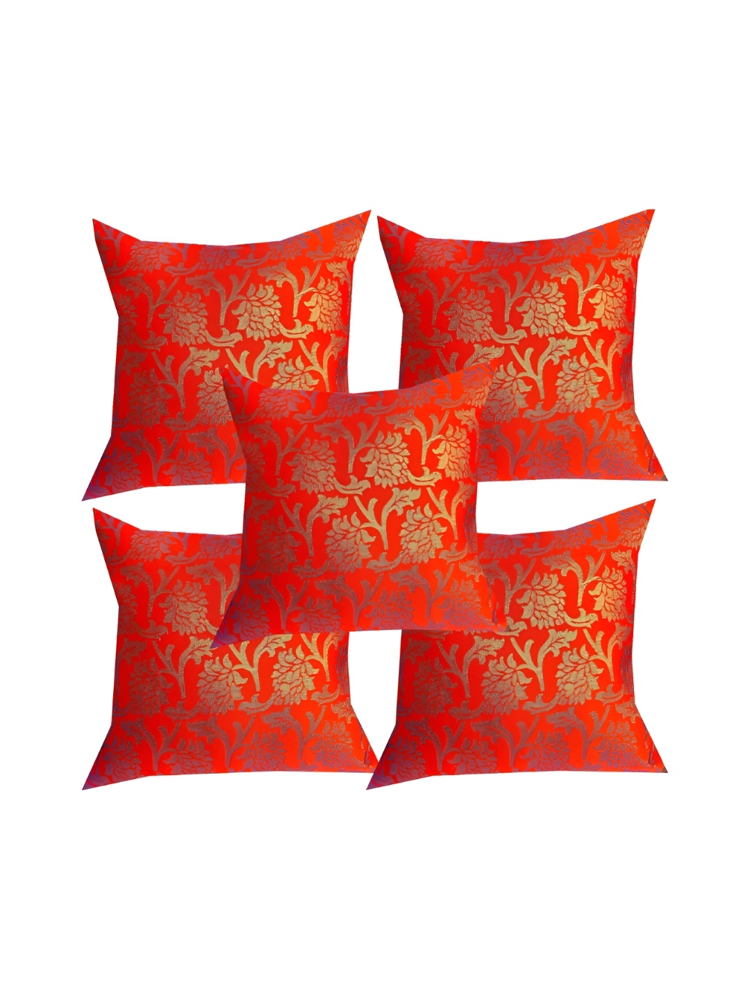 

Pink Parrot Red & Gold-Toned 5 Pcs Ethnic Motifs Square Cushion Covers