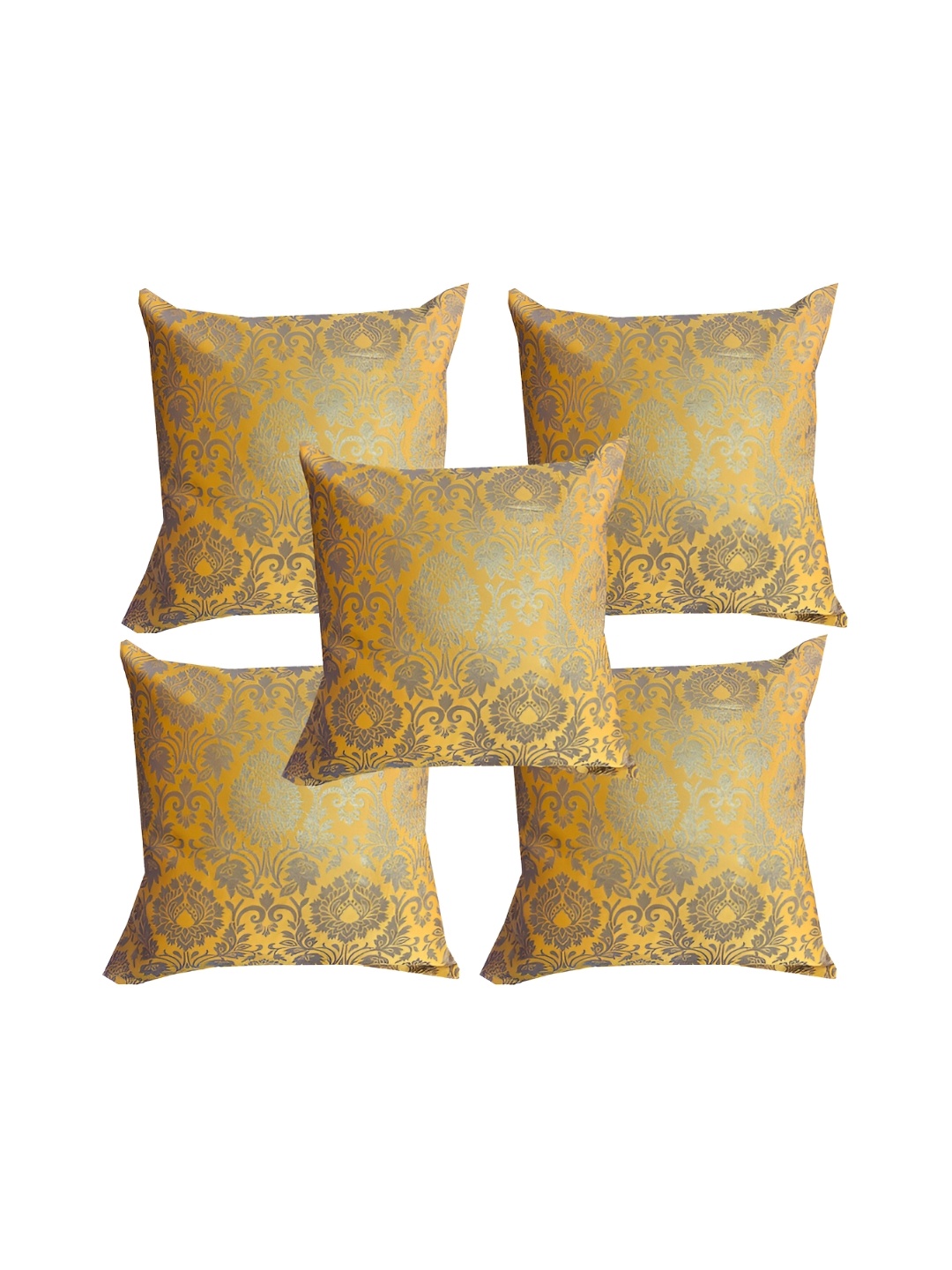 

Pink Parrot Grey & Yellow 5 Pcs Ethnic Motifs Square Cushion Covers