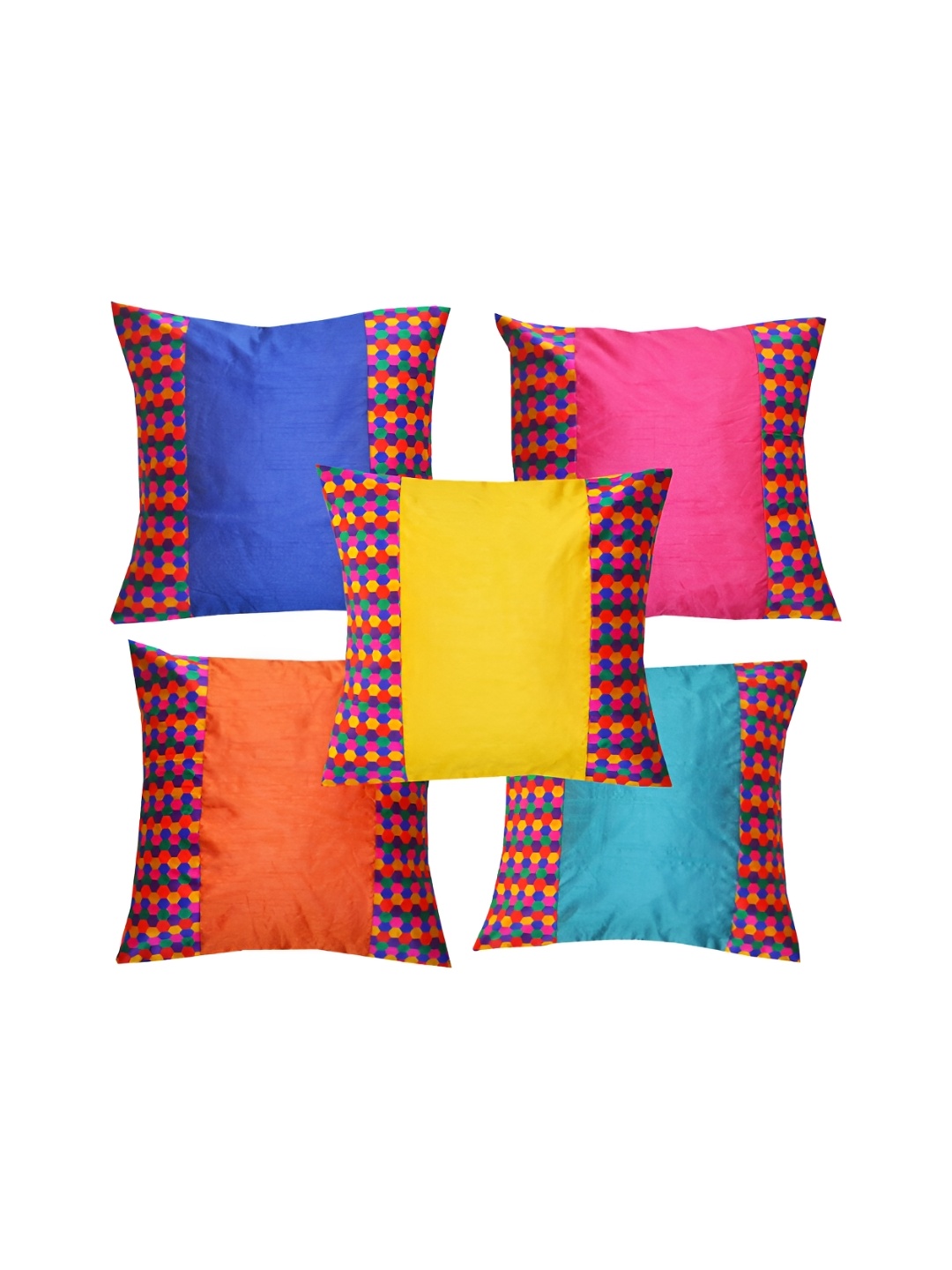 

Pink Parrot Blue & Yellow 5 Pieces Geometric Square Cushion Covers